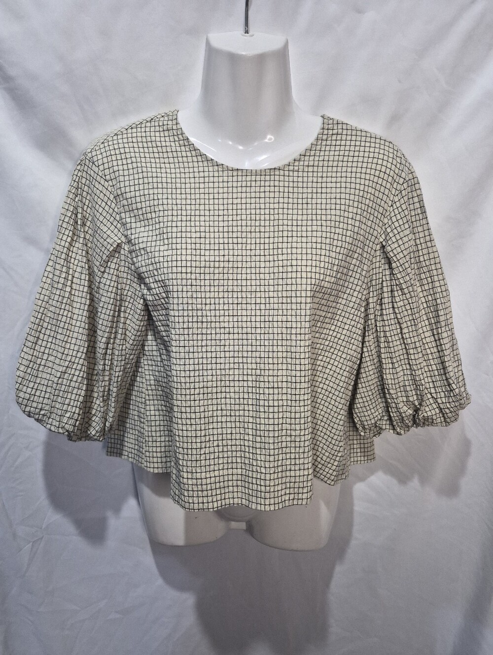 Zara Textured Windowpane Balloon Sleeve Open Back Blouse Cream Black